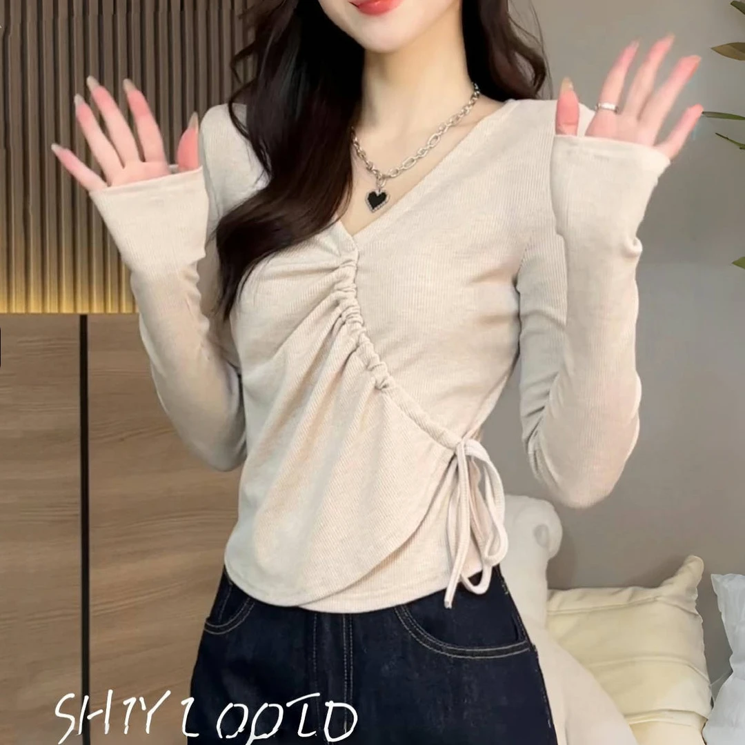 小香风V领长袖T恤女春秋新款绑带百搭设计感修身显瘦弧形下摆上衣