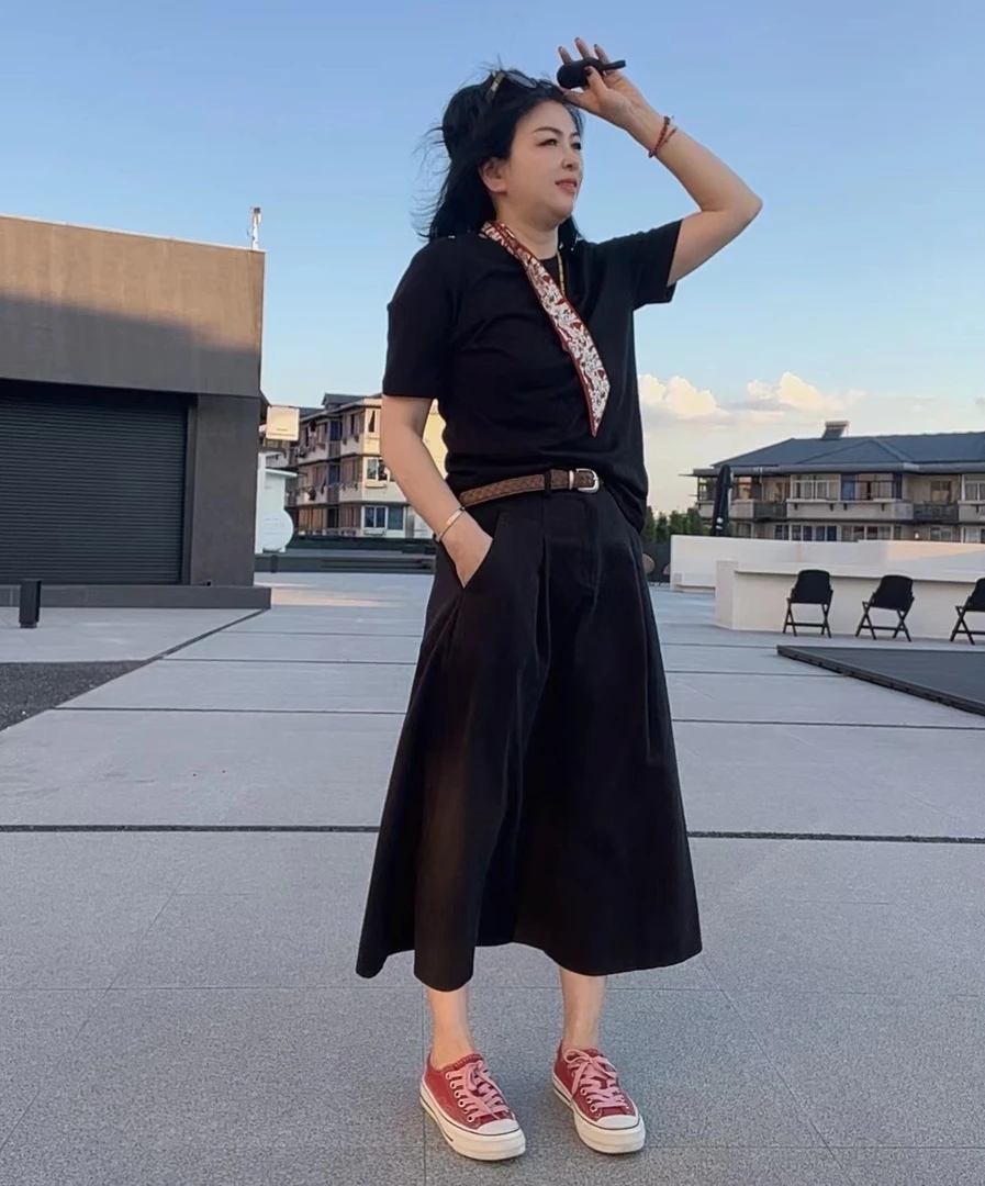 早秋2024法式复古洗水布宽松松紧腰➕编织手工皮带半身长裙女 0217