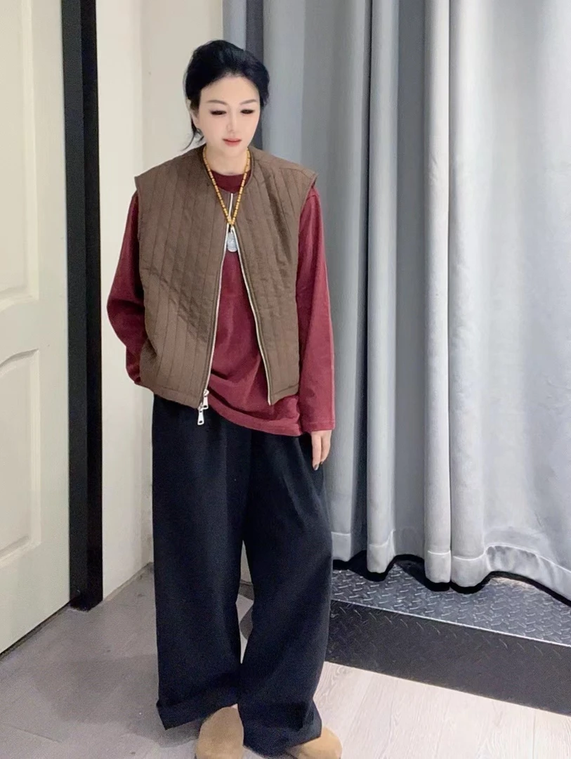 婷姐欧洲站2024早秋双拉链压竖条薄棉复古短款百搭马甲百搭69166