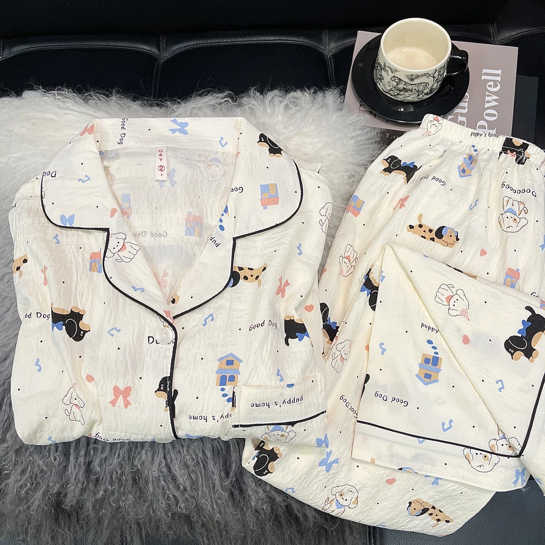 【长袖云朵细纱绵】秋天长袖长裤睡衣女套装可爱小狗甜美春秋家居服