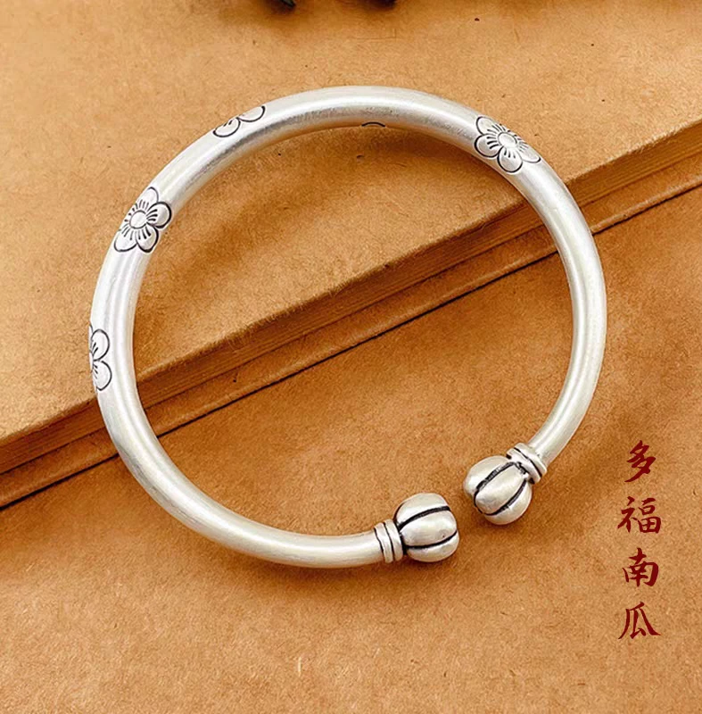 足银手镯 [尚古银]足银999.9多福南瓜梅花手镯实心简约复古手工