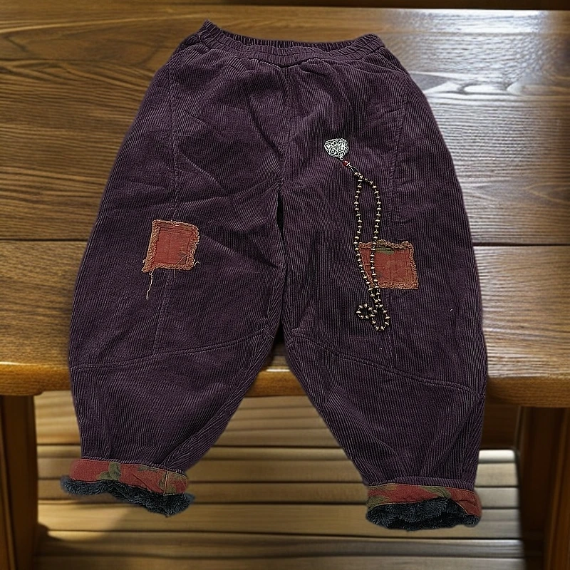 加绒加厚冬季休闲裤贴布中腰哈伦裤慵懒风老爹裤