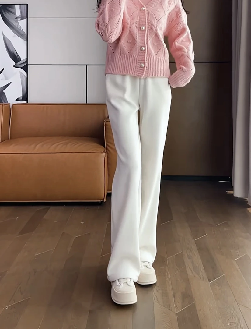 白色雪尼尔秋冬季加绒高腰窄版阔腿裤女直筒垂坠感显瘦百搭学生