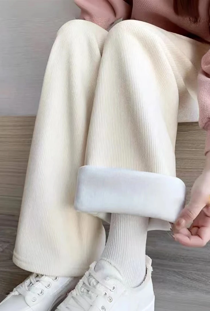 白色窄版加绒女垂感直筒裤灯芯绒直外穿筒休闲高腰百搭小个子长裤
