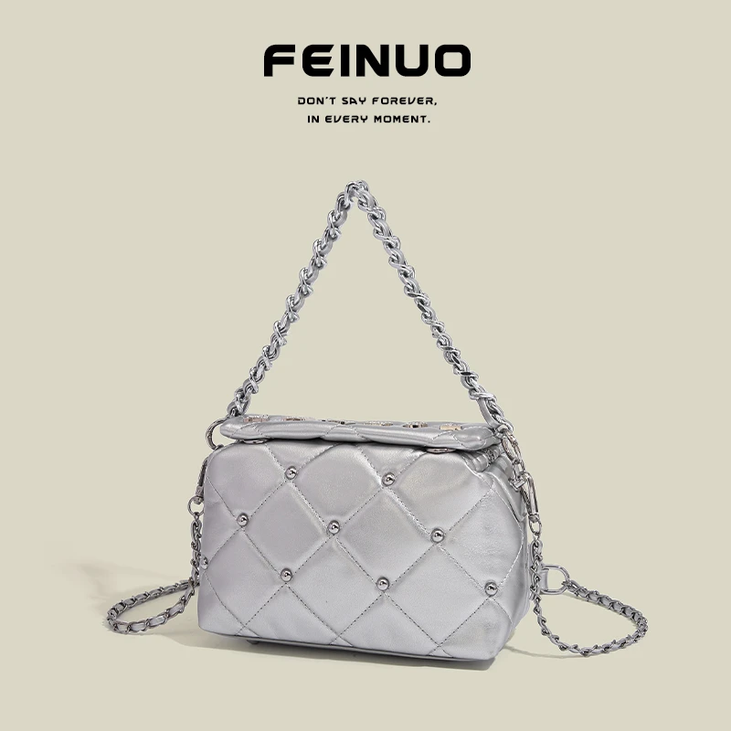 【FEINUO/妃诺】小香风银色菱格腋下包女2024新款高级链条单肩包