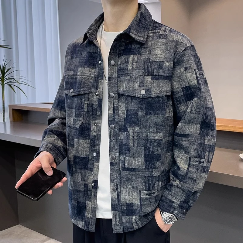 佩库普伦格子牛仔外套男士春秋季新款潮牌衬衫式翻领夹克休闲秋装