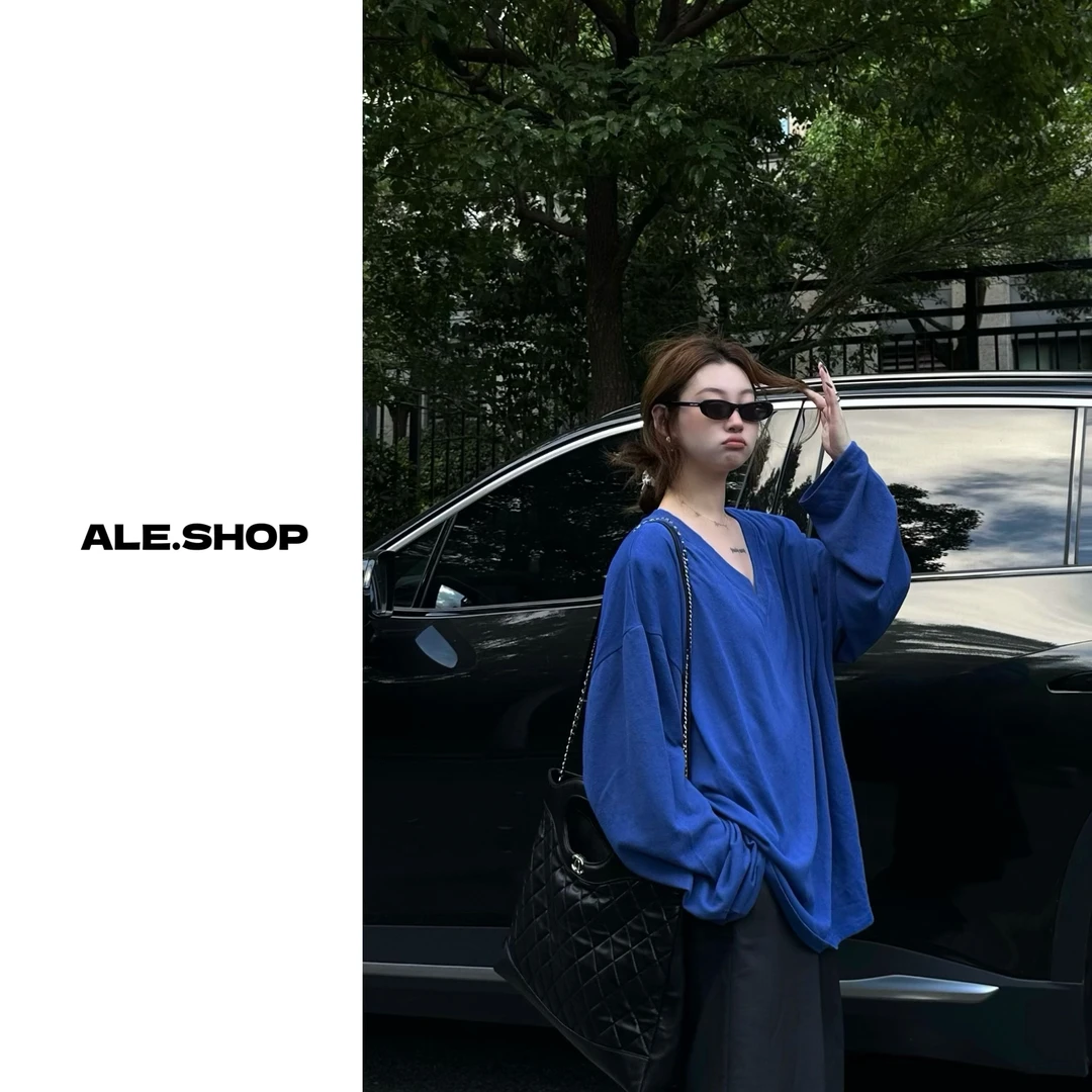 【阿乐家】大码微胖 男友风V领垫肩宽松大版百搭薄款长袖T