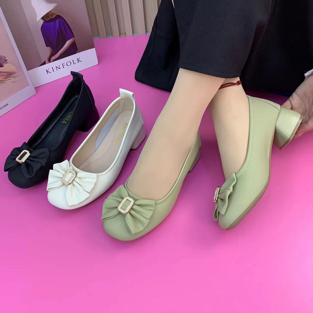时尚新款2024春秋软底平底豆豆浅口温柔蝴蝶结脚蹬百搭软面妈妈鞋