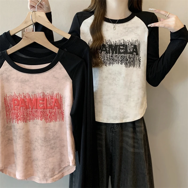 2025大码早春新款设计时尚拼接宽松圆领套头显瘦小心机百搭t恤女