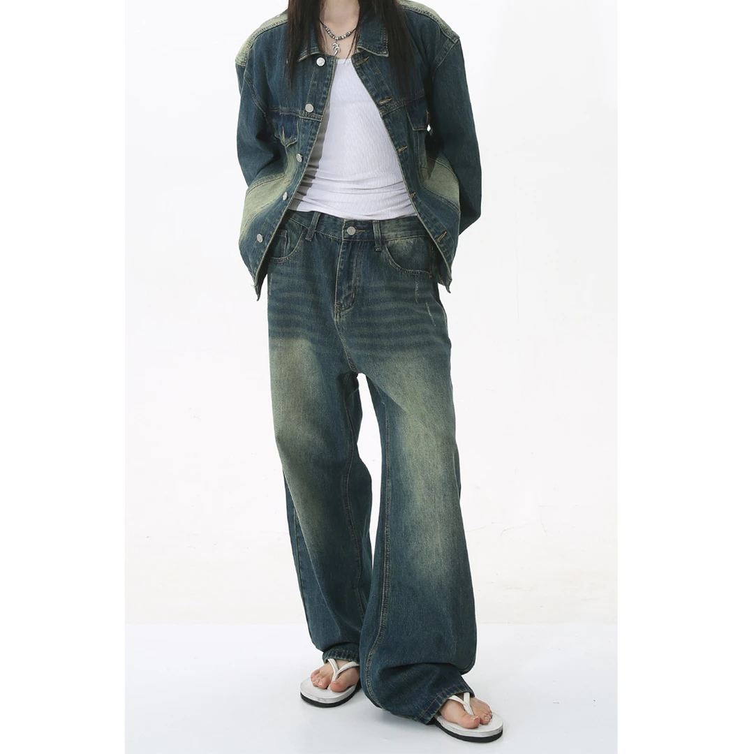 vintage牛仔|春季新款蓝色牛仔外套男女春秋韩版休闲套装宽松牛仔