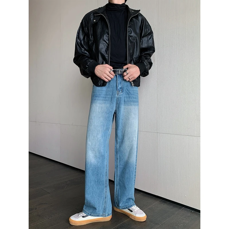 vintage 浅蓝色磨白水洗百搭牛仔裤男韩版直筒阔腿休闲直筒长裤潮