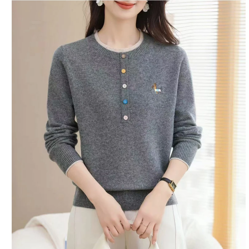 中年妈妈纯羊毛衫女秋冬季宽松气质圆领毛衣针织上衣打底衫6253