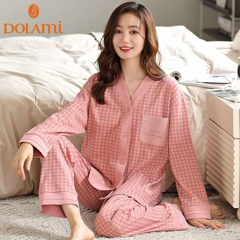多拉美春秋季长袖纯棉睡衣女士V领开衫甜美可爱家居服套装千鸟格