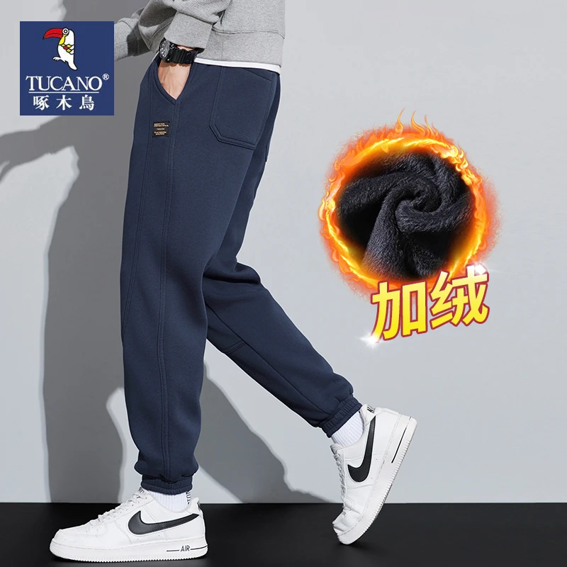 啄木鸟潮牌休闲裤男士秋冬季宽松束脚加绒卫裤2023新款加厚运动裤