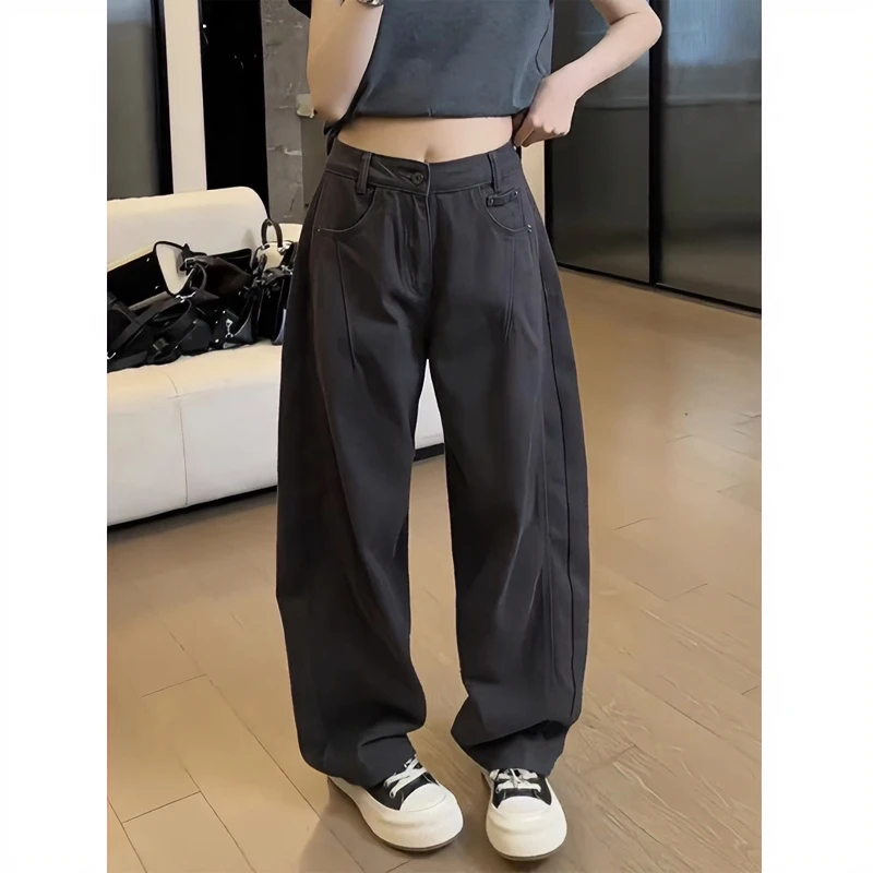 大码灰色弯刀牛仔裤女秋季梨形身材显瘦高腰香蕉镰刀裤宽松阔腿裤