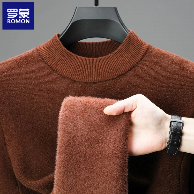 罗蒙秋冬季纯色一体绒加绒加厚保暖衫半高领针织衫毛衣保暖不臃肿