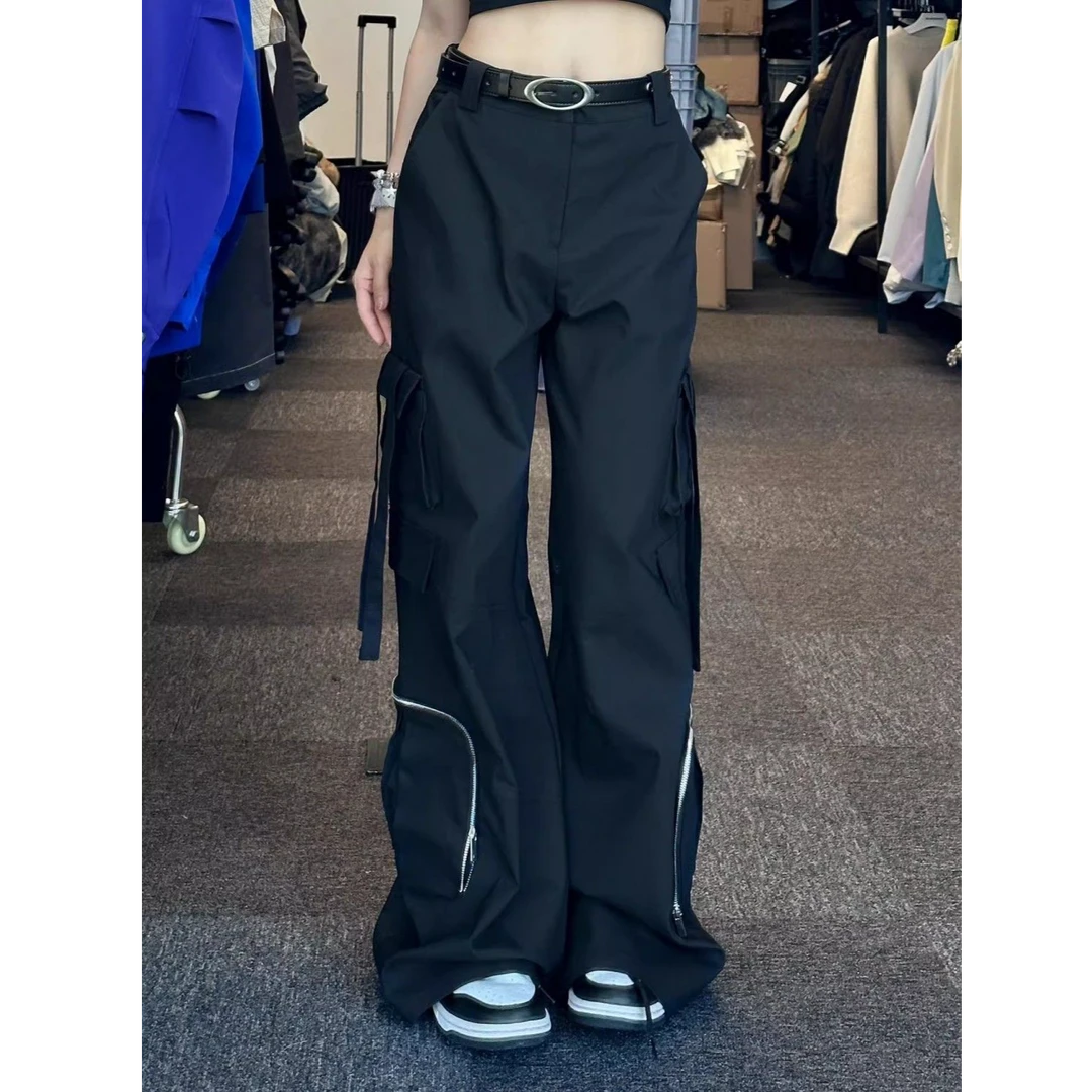 美式复古多口袋工装裤女春夏季宽松显瘦直筒裤高街休闲阔腿长裤子