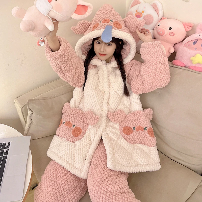 2023新款三层夹棉加绒加厚睡衣女士秋冬季天珊瑚绒可爱套装家居服