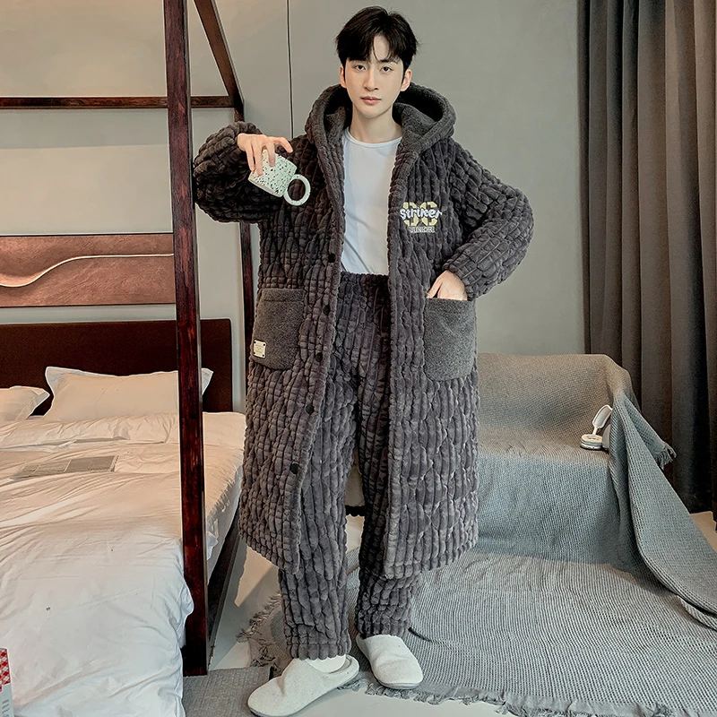 秋冬季睡衣男款加绒加厚珊瑚绒睡袍青少年浴袍三层夹棉男士家居服