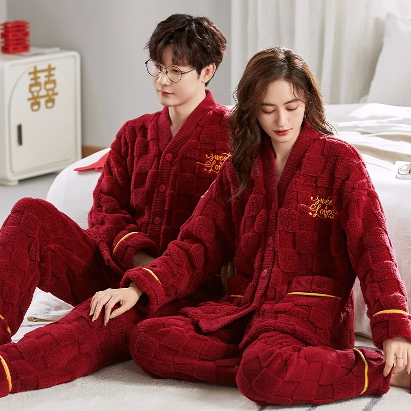 结婚睡衣女情侣套装秋冬季珊瑚绒加厚2023新款本命年红色家居服男