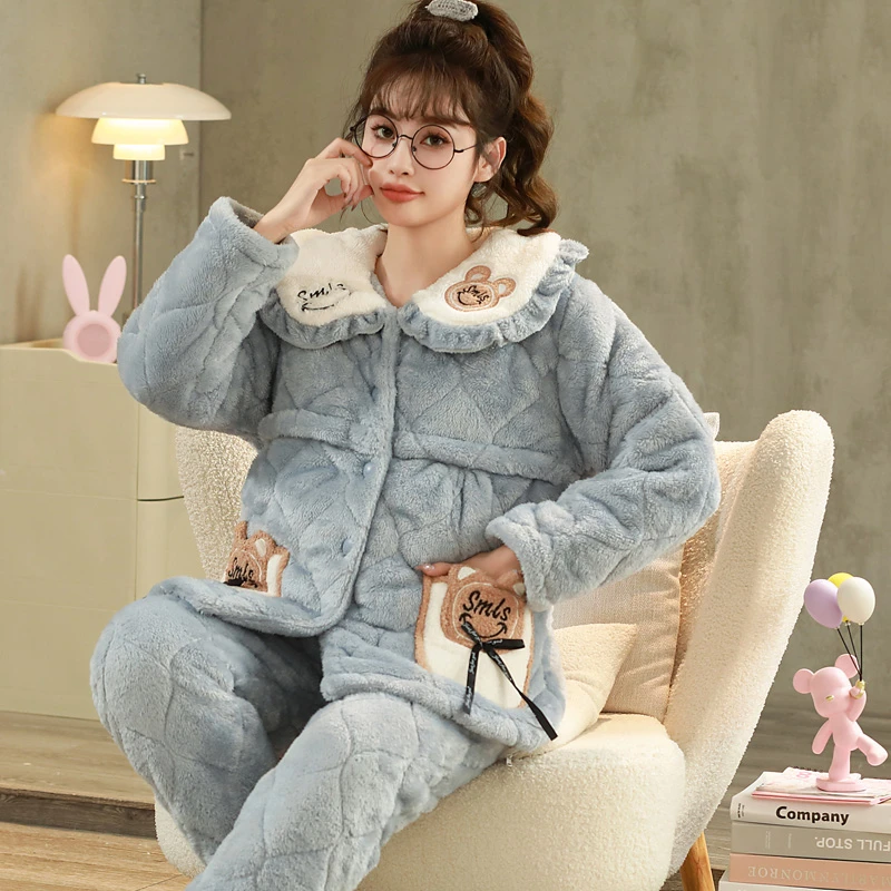 冬季月子服三层夹棉加厚加绒孕妇睡衣秋冬产妇产后哺乳家居服套装