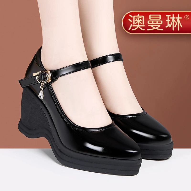 澳曼琳坡跟单鞋黑色新款浅口真皮防水台软底软面中老年妈妈鞋子女