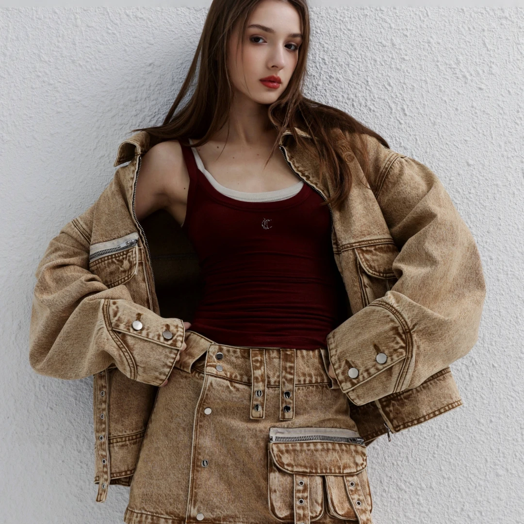 Cynthia Shiniyo 欧若风复古做旧水洗牛仔飘带外套半裙