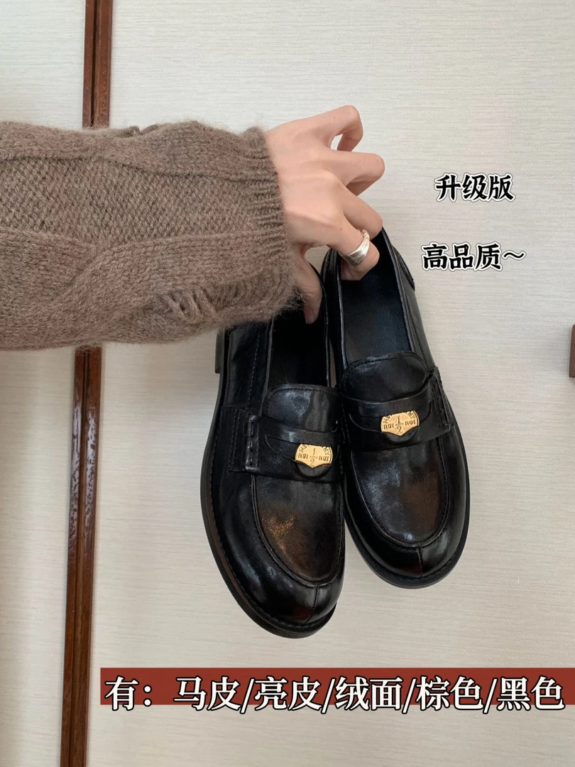 太太舒服！高品质多种皮可选】棕黑马皮复古2024新款金币乐福皮鞋女