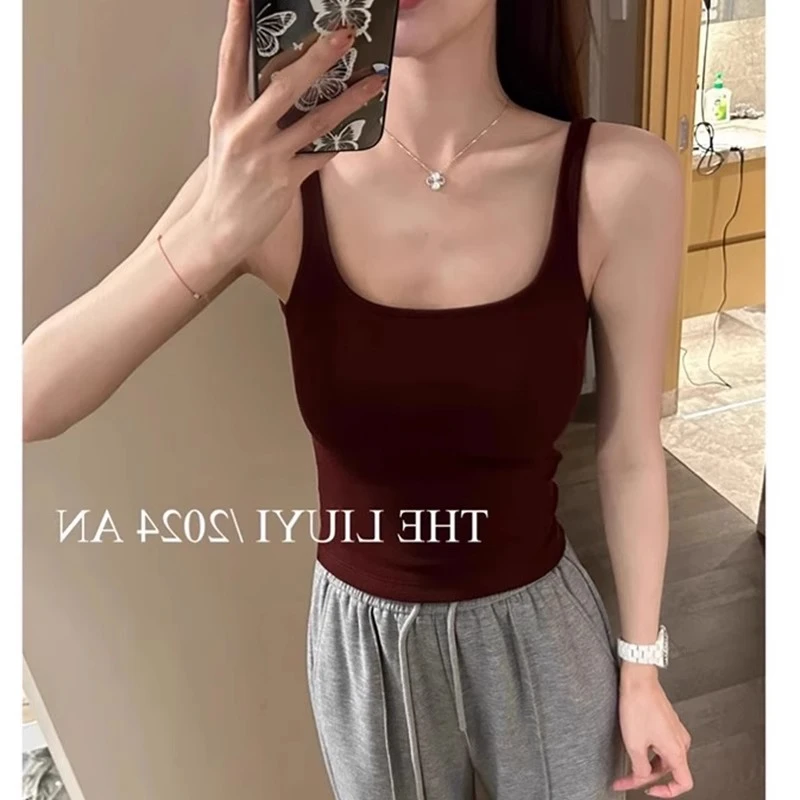 安可拉红色小吊带背心女秋内搭文胸一体磨毛固定杯打底带胸垫上衣