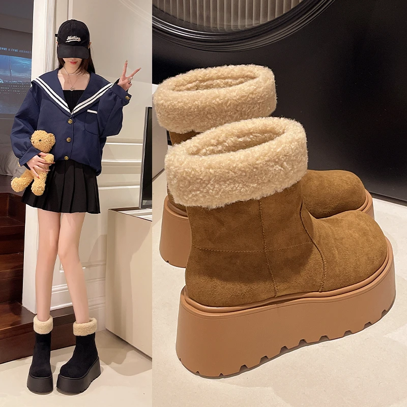 厚底7公分加绒加厚保暖短靴女毛口雪地棉鞋