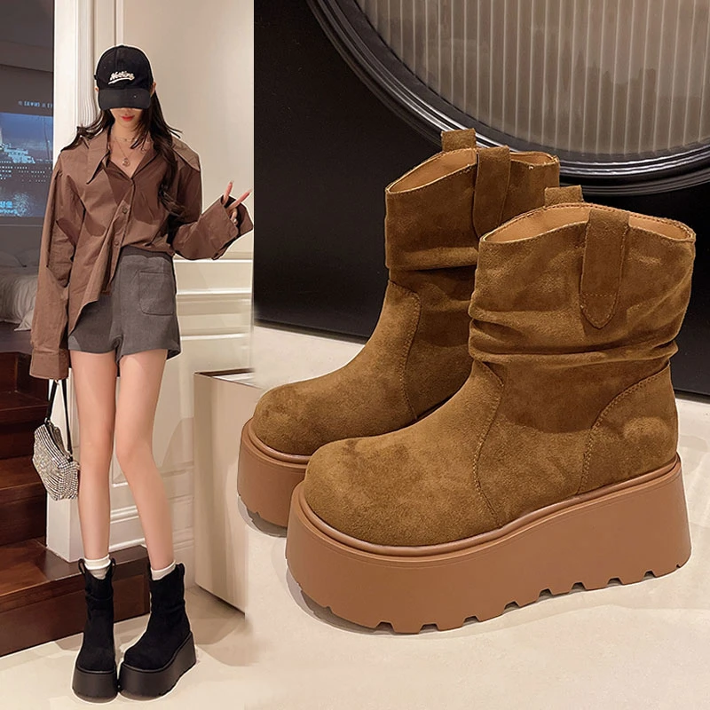 秋冬7CM厚底女短靴2024新款爆款复古短筒靴增高小个子显瘦靴子