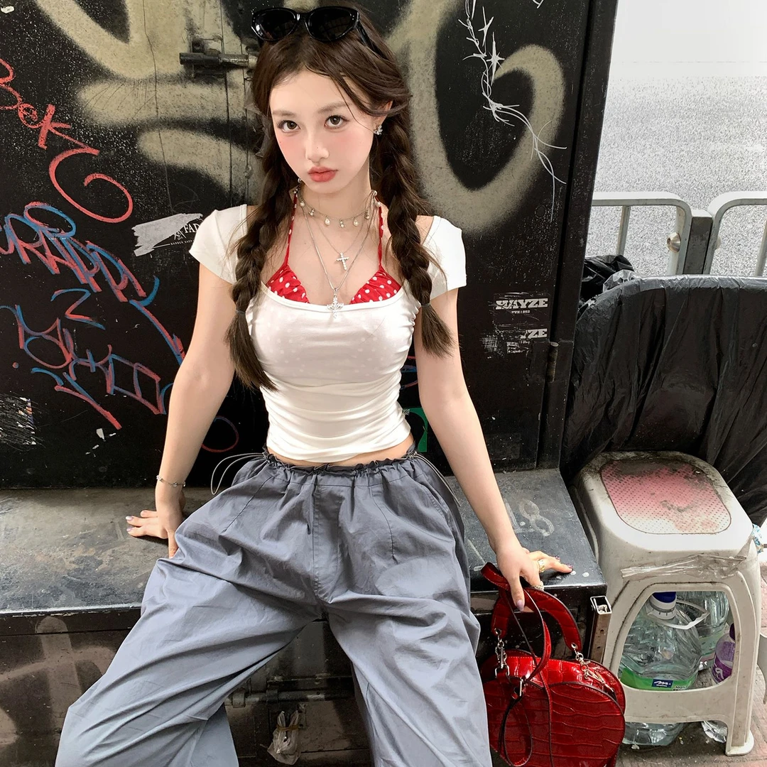 T恤女2025夏季新款辣妹显瘦吊带百搭炸街短袖上衣工装裤长裤薄款