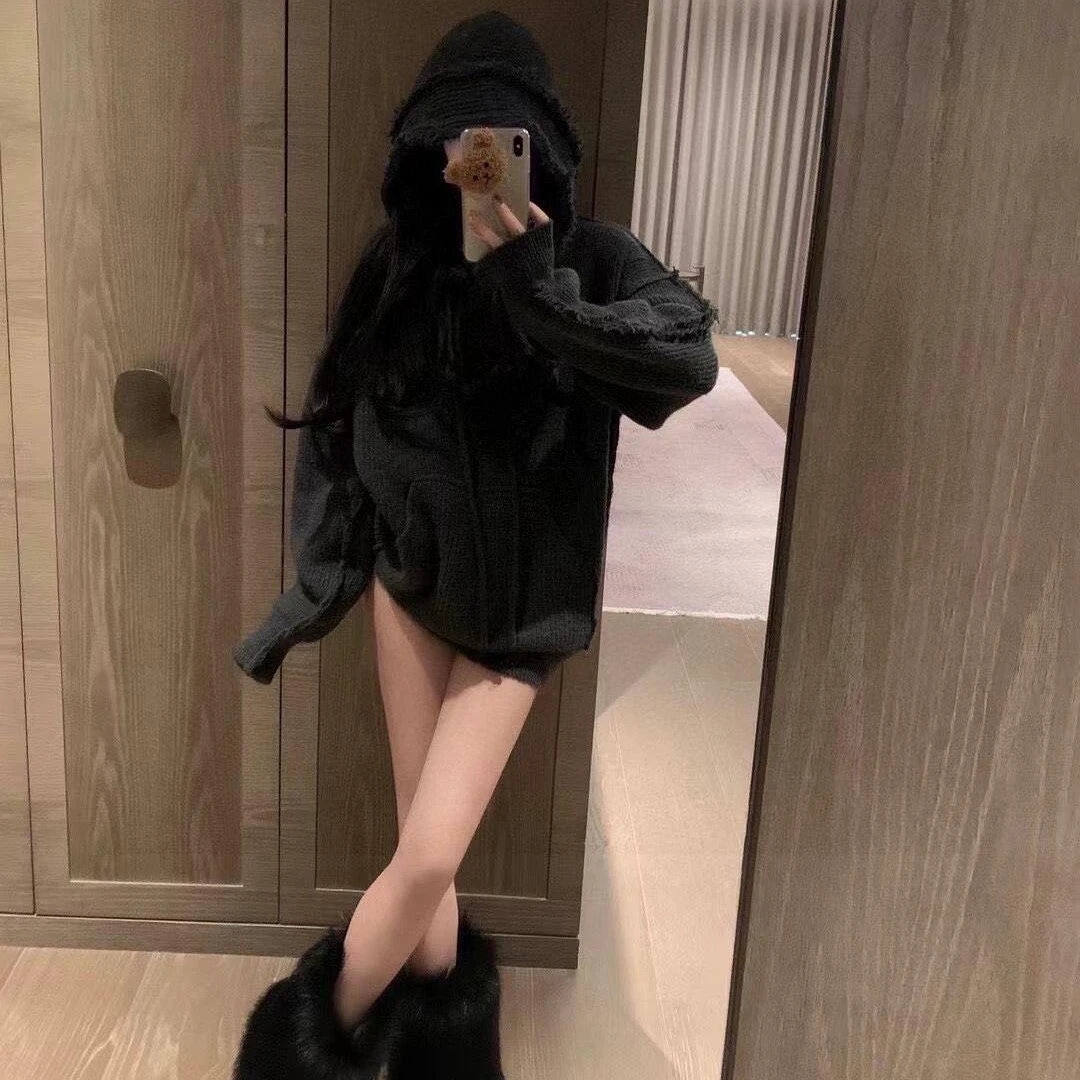 复古连帽长袖毛衣女冬季2025新款设计感百搭宽松显瘦针织衫上衣潮