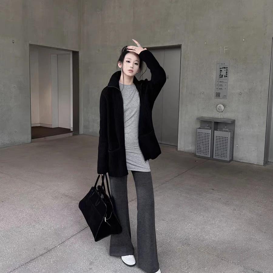 2024秋冬新款松弛感韩版针织开衫外套冬季显瘦休闲微喇裤两件套女