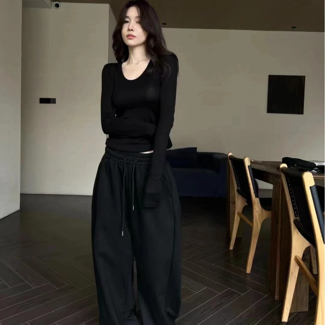 黑色U领正肩长袖T恤打底衫女春秋甜辣小个子修身短款内搭体恤上衣