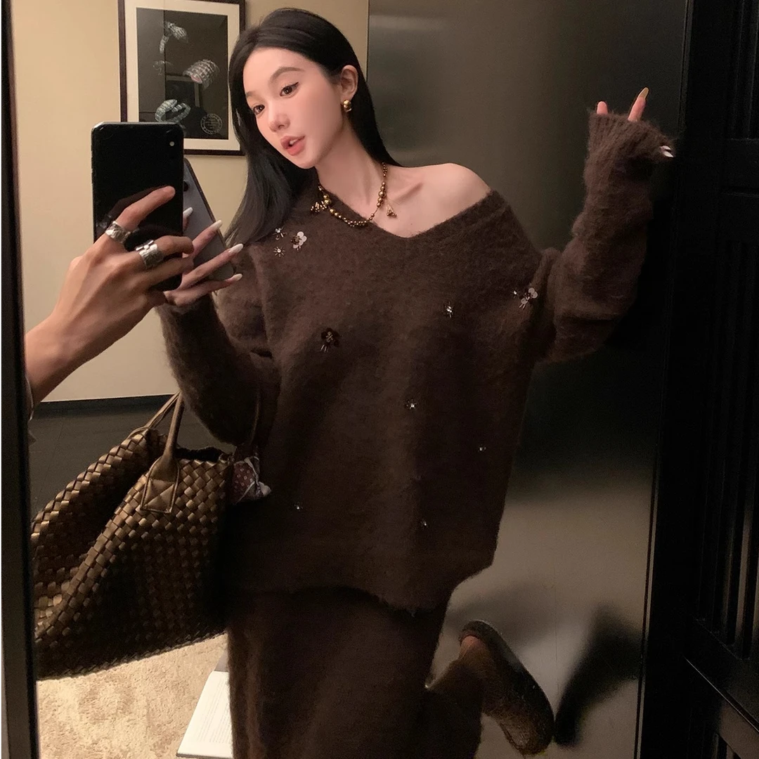 慵懒松弛感套装长袖宽松毛衣女秋季高腰包臀半身裙休闲上衣两件套