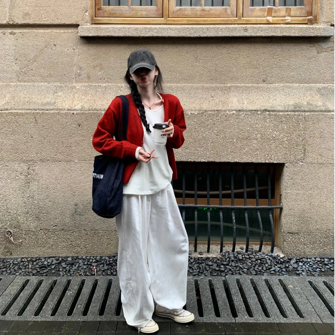 红色假两件宽松针织开衫外套女2024秋冬短款高级慵懒风毛衣上衣