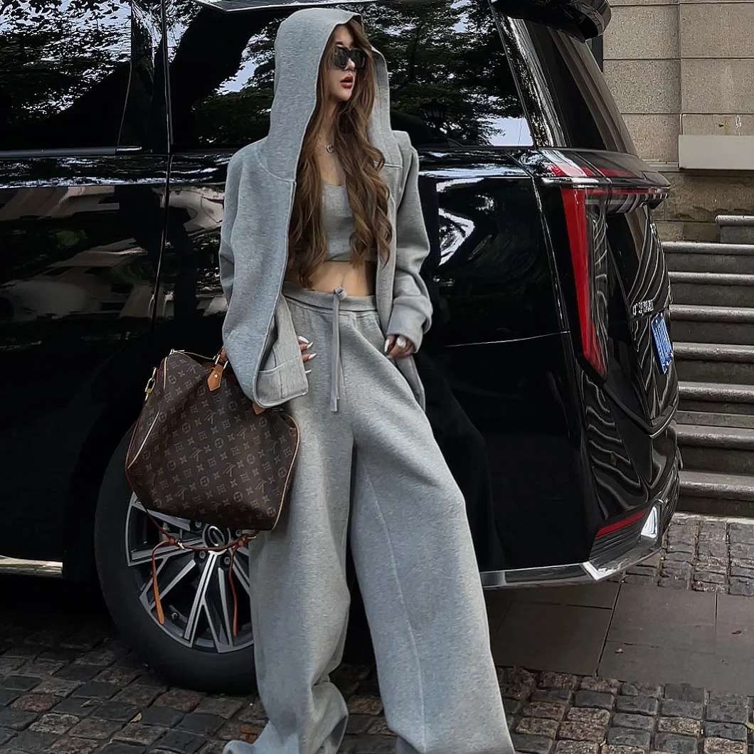 美式连帽拉链卫衣外套女早秋简约休闲运动套装高腰直筒裤两件套