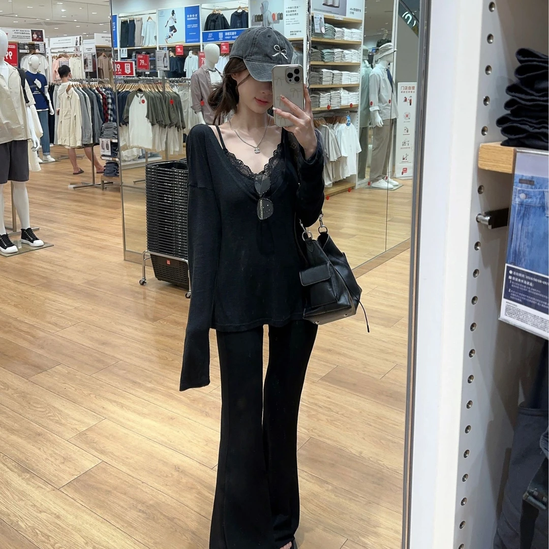 2025秋冬性感蕾丝吊带上衣显瘦气质时尚打底开叉黑色凉感百搭