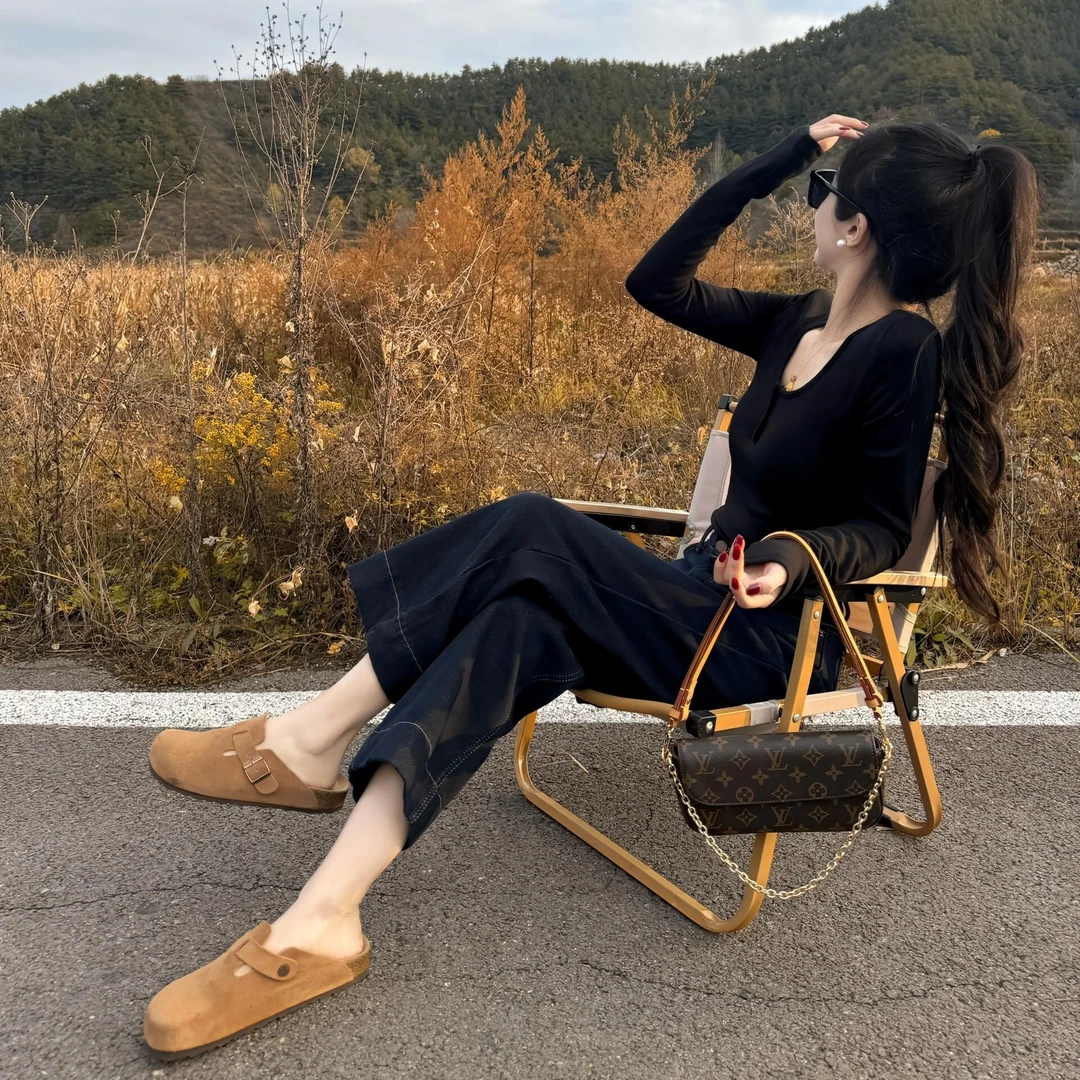 黑色长袖t恤打底衫女修身气质秋冬2024新款韩版高级感显瘦上衣潮