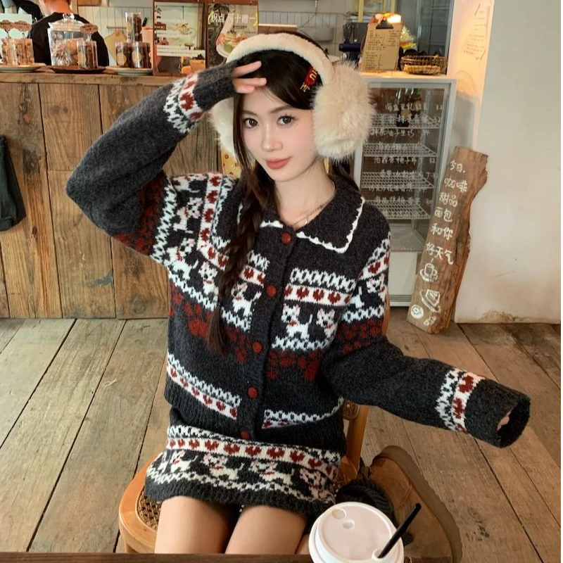 圣诞复古灰色套装裙女秋冬2024新款毛衣外套高腰显瘦半身裙两件套