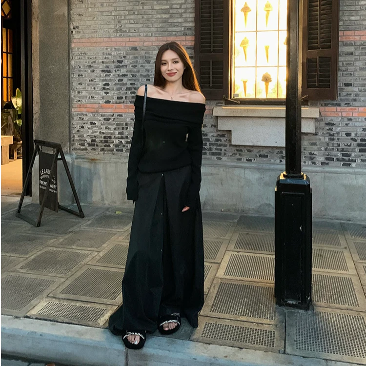 法式别致一字肩长袖T恤女早秋季修身内搭显瘦打底衫露肩锁骨上衣