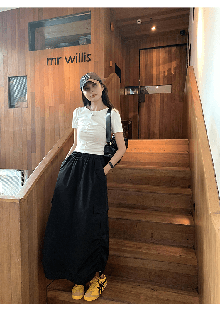 露背修身短款t恤女2024夏季新款设计感辣妹褶皱镂空短袖正肩上衣