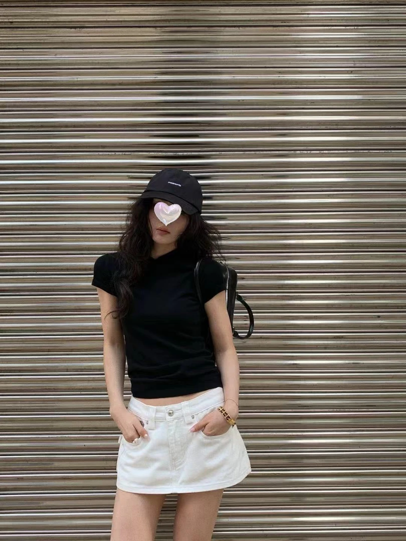 2025春季新款韩版时尚百搭连帽修身纯色设计感休闲黑色T恤上衣女