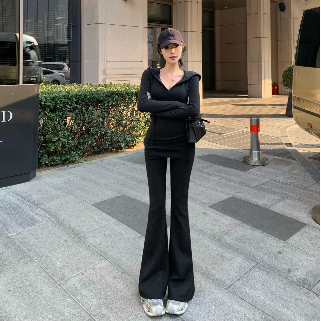 辣妹运动休闲套装连帽收腰卫衣外套女秋季高腰显瘦微喇叭裤两件套