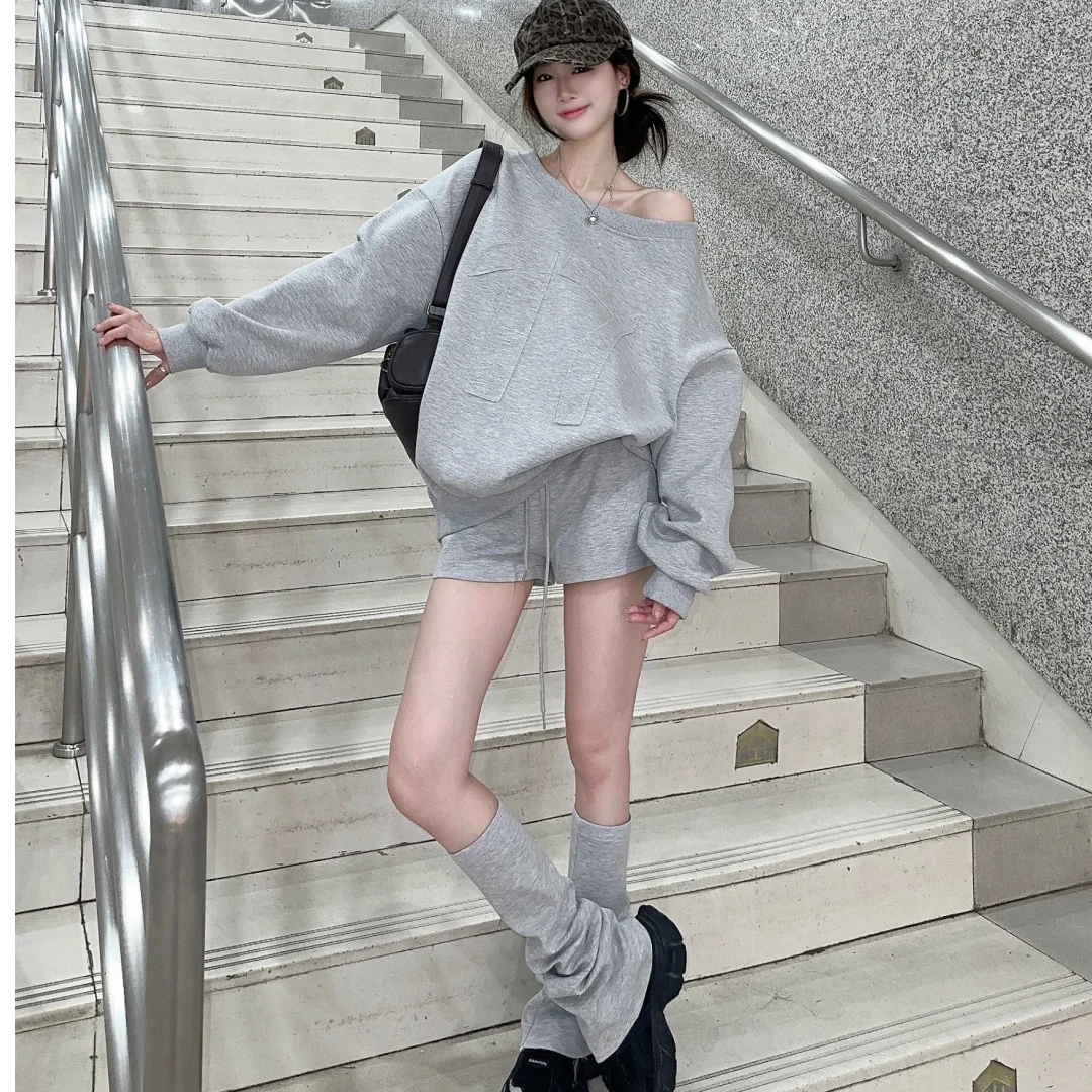 美式街头纯欲一字斜肩卫衣套装春季新款宽松慵懒风显瘦长袖上衣女