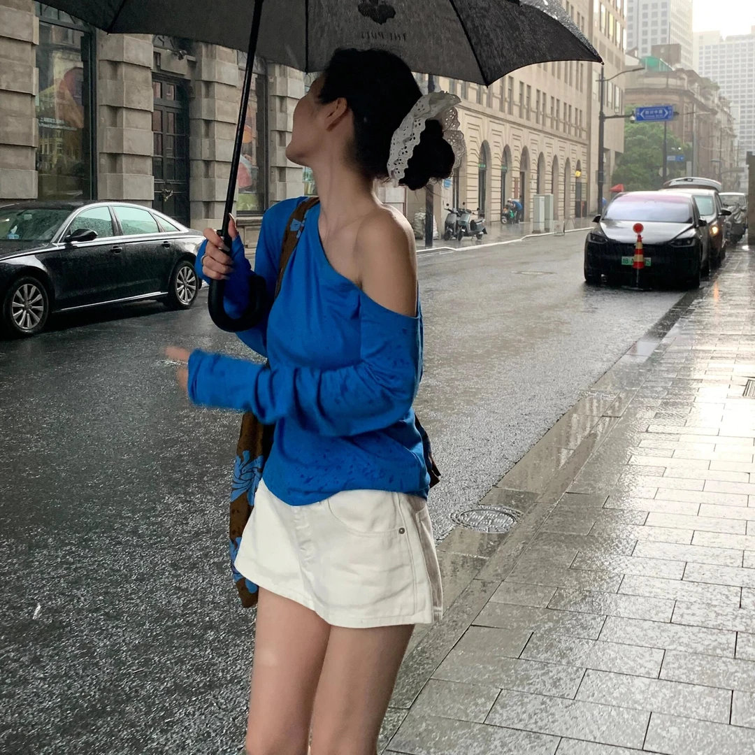 2025春季新款纯欲辣妹斜领长袖T恤女修身显瘦短款打底上衣设计感