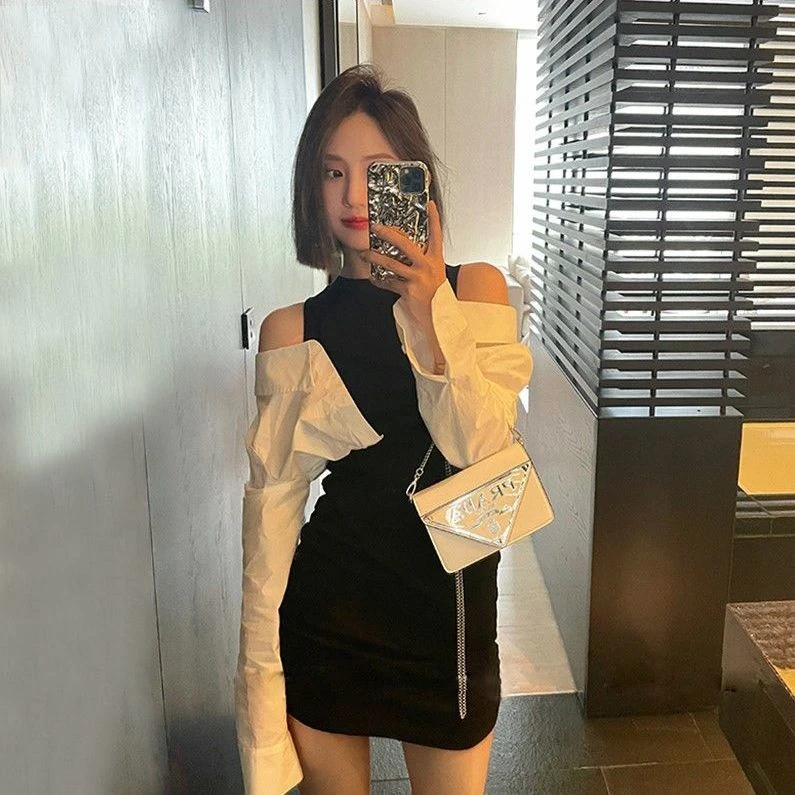 高级感辣妹假两件露肩连衣裙女夏新款气质设计感小众包臀衬衫裙子