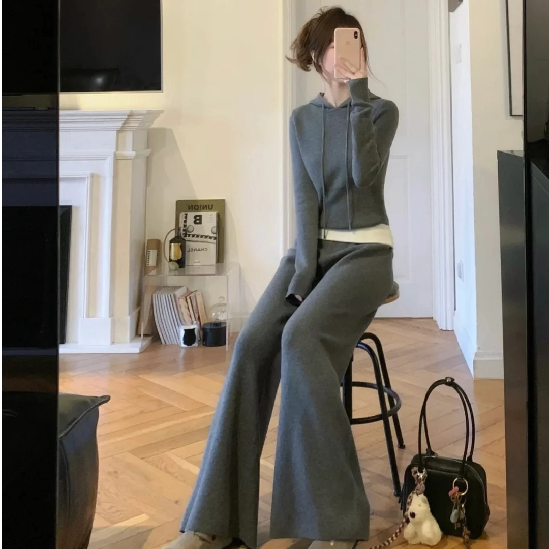 2024秋冬新款时尚套装气质长袖显瘦连帽针织套头上衣阔腿裤套装