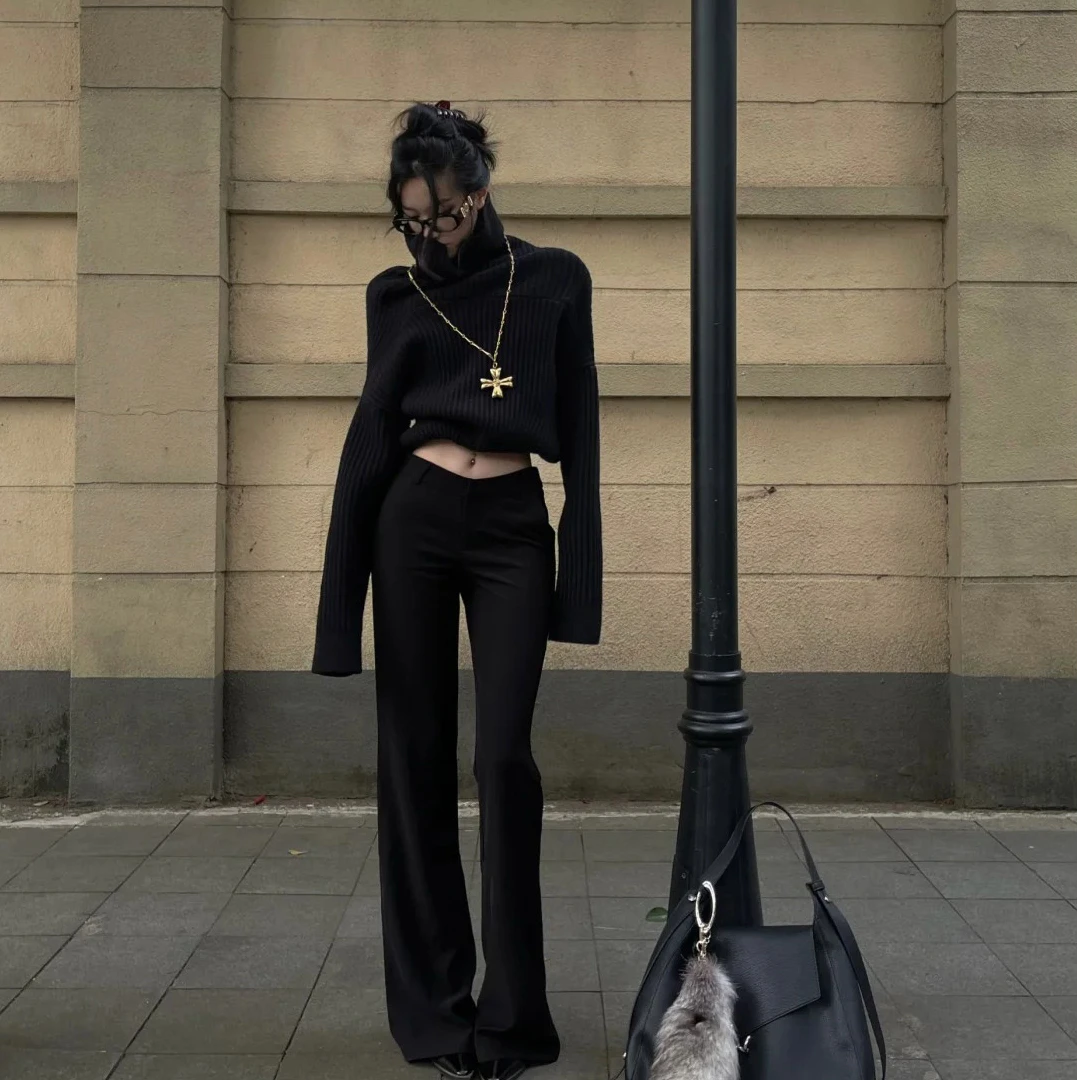 黑色加厚高领毛衣女款2024新款冬季高级感韩系小众慵懒风针织上衣